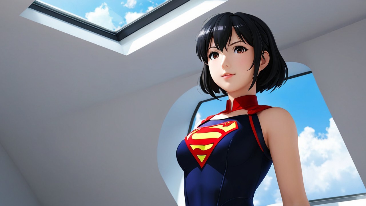 Young Female Superhero in Stylish Costume Under Skylight