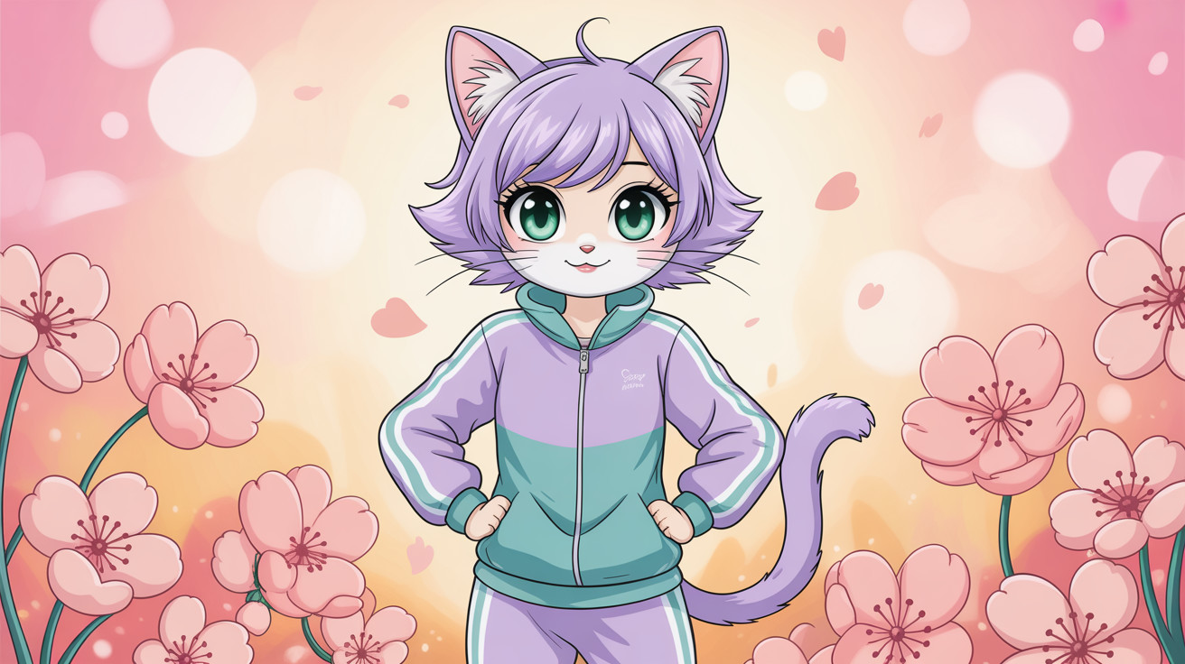 Anthropomorphic cat in tracksuit among cherry blossoms