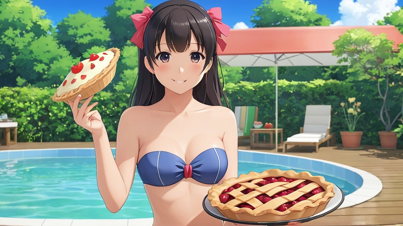 Young Woman by Pool with Desserts on Sunny Day