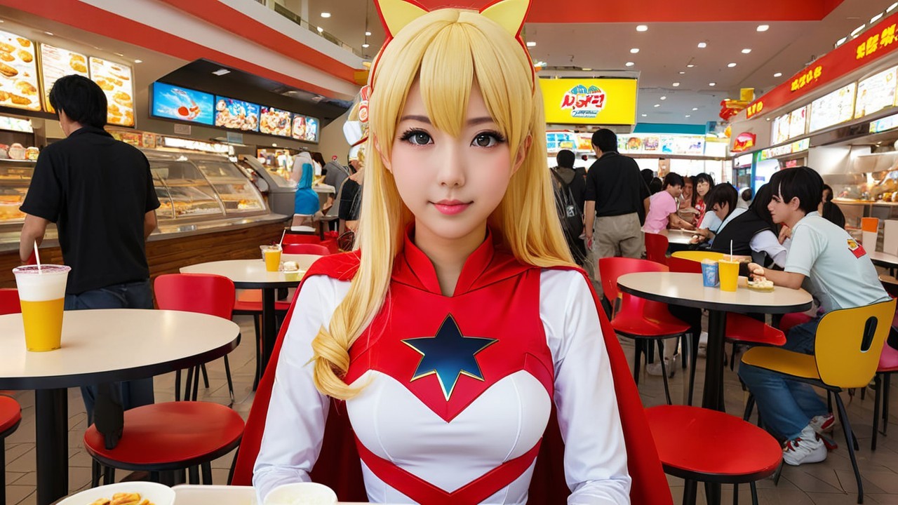 Young Woman in Superhero Costume at Fast-Food Restaurant
