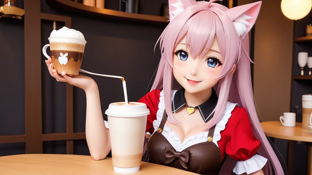 Cheerful Character with Pink Hair in Cozy Café Setting