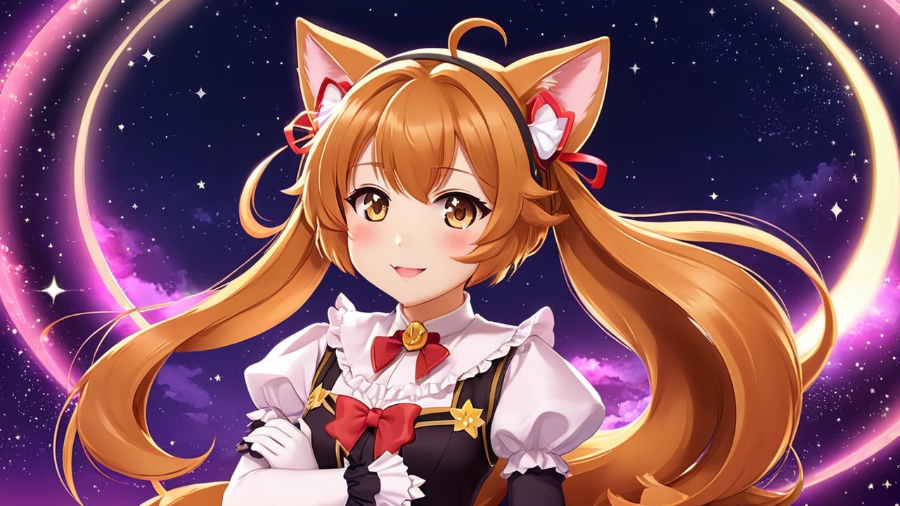 Cheerful anime character with fox ears in cosmic scene
