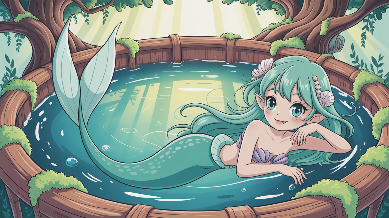 Anime Mermaid in Rustic Hot Tub with Green Hair