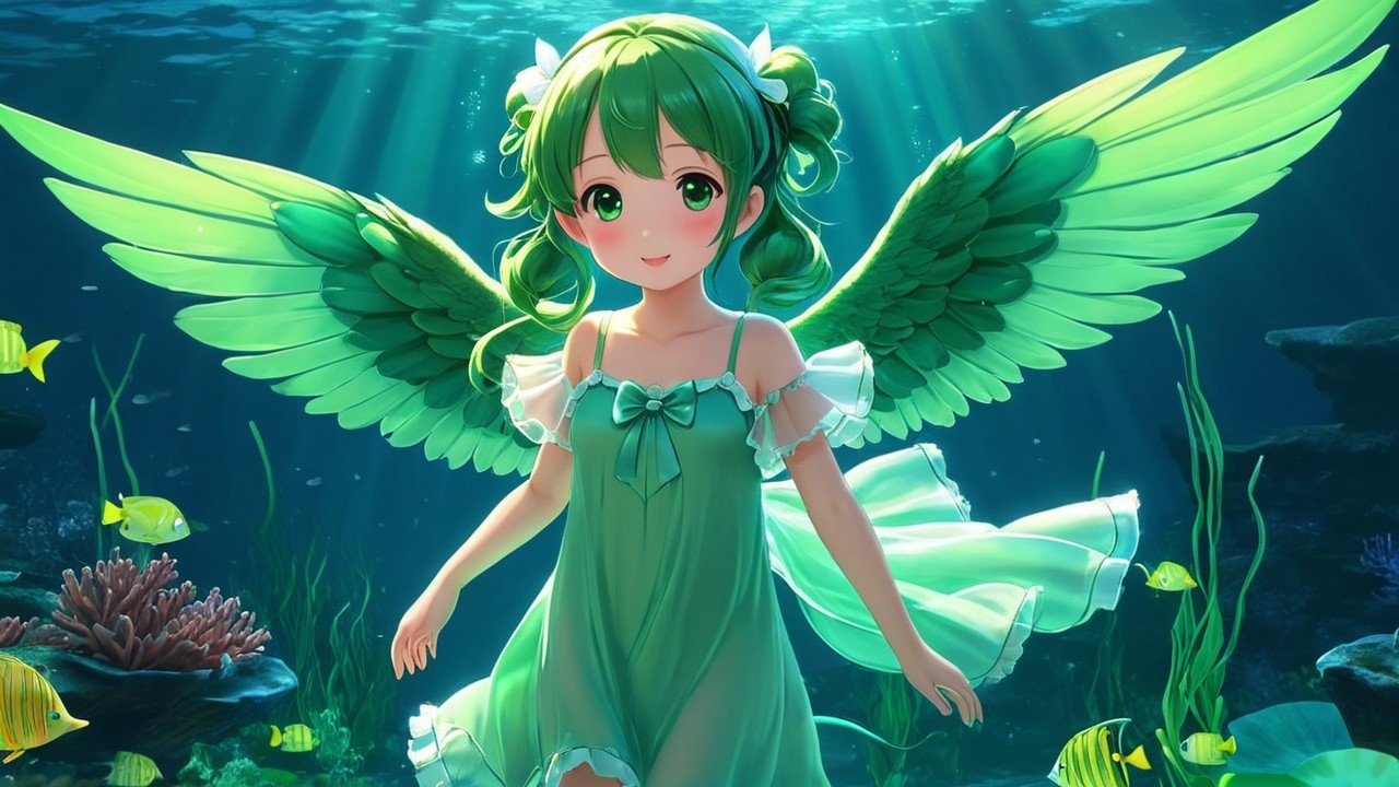Whimsical Underwater Scene with Girl and Marine Life