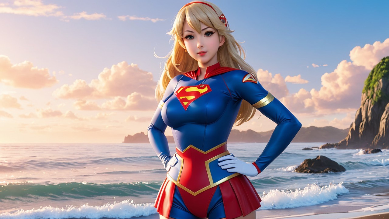 Heroic Figure in Superhero Outfit at Sunset Beach
