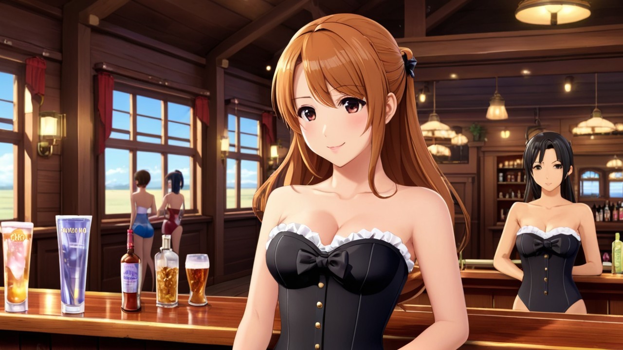 Lively bar scene with two women and warm ambiance