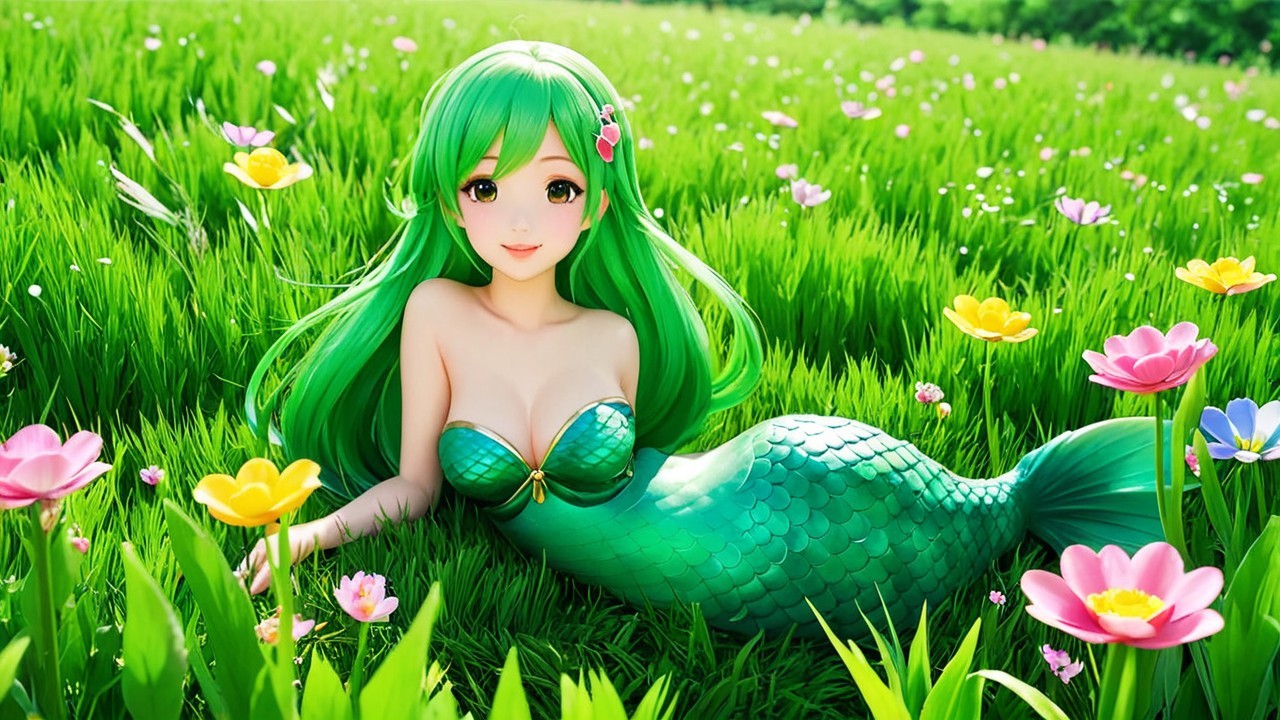 Mermaid in a Lush Green Meadow with Colorful Flowers