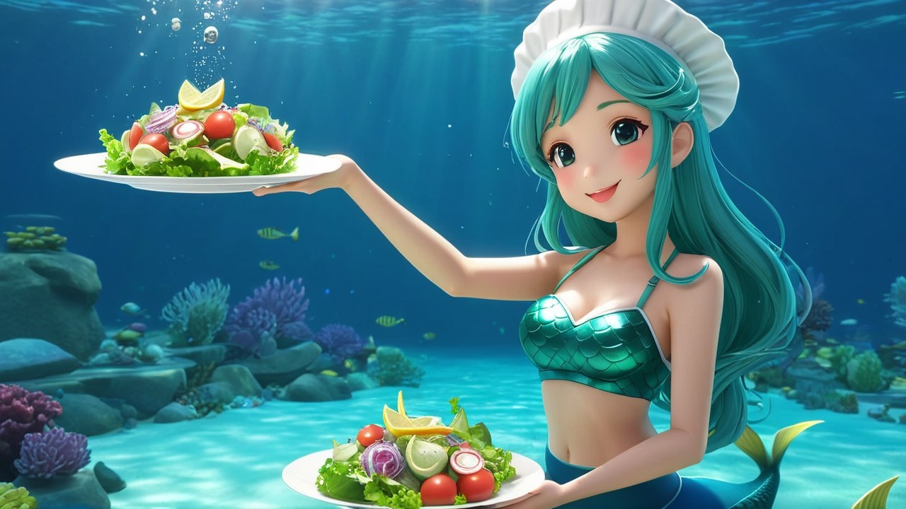 Cheerful Mermaid in Underwater Culinary Scene