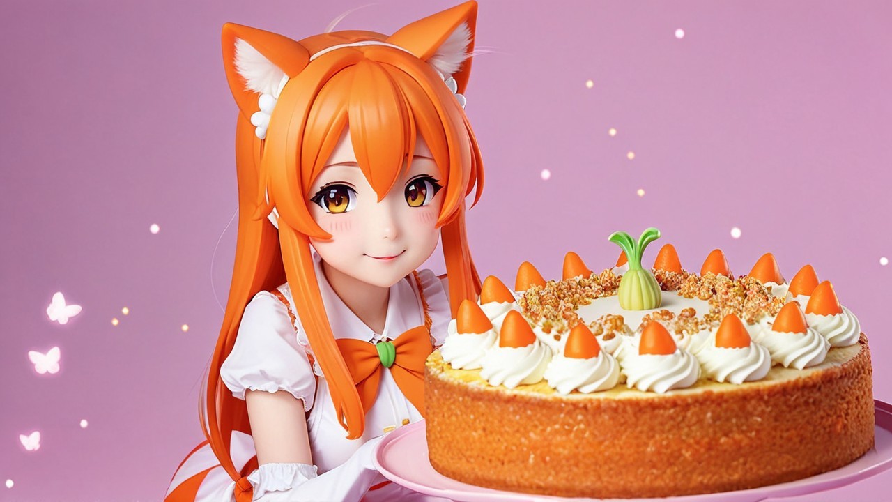 Cheerful anime character with orange hair and cake