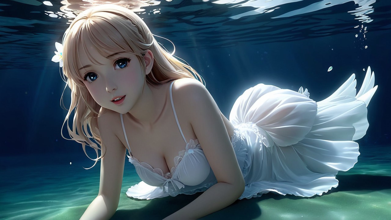 Underwater Scene of Woman in White Dress and Sunlight