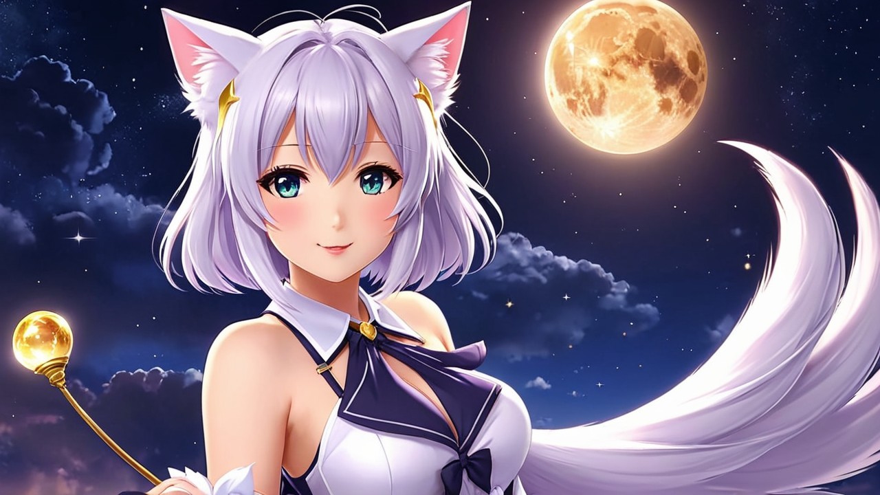 Anime character with silver hair and cat ears