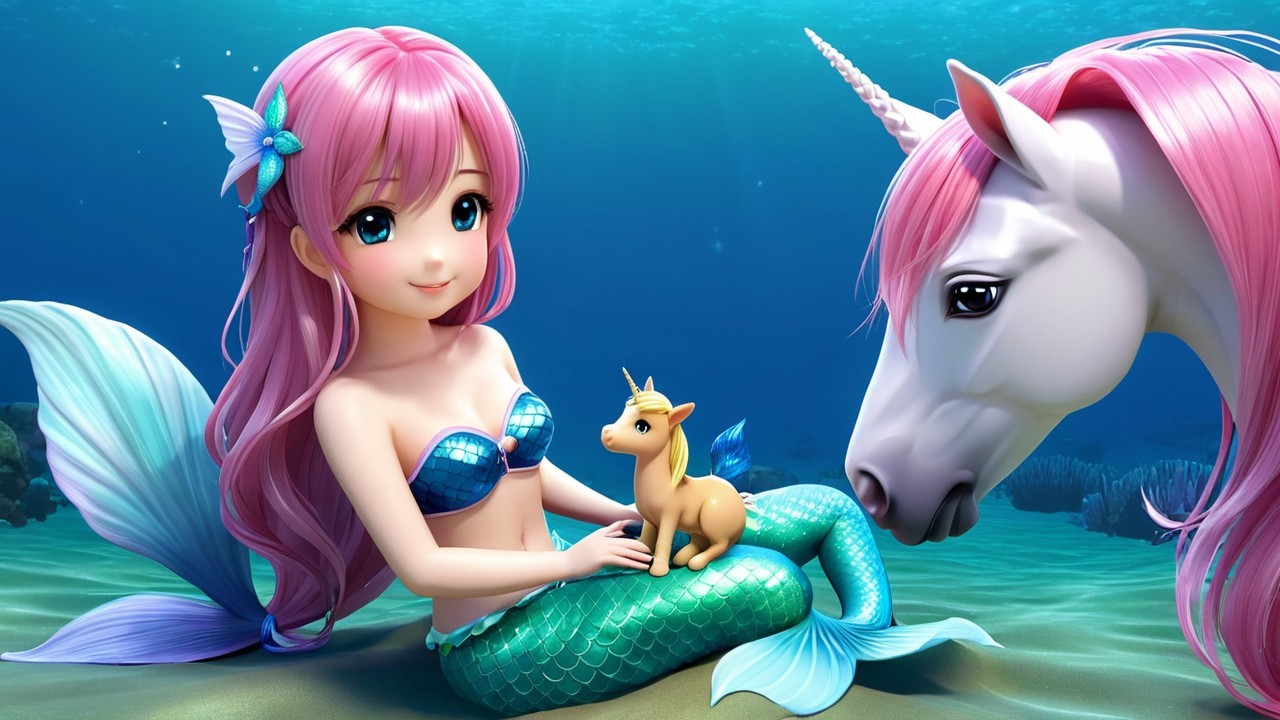 Whimsical Underwater Scene with Mermaid and Unicorns