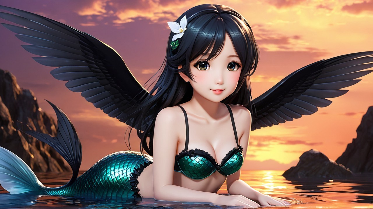 Serene mermaid with wings on rocky shore at sunset