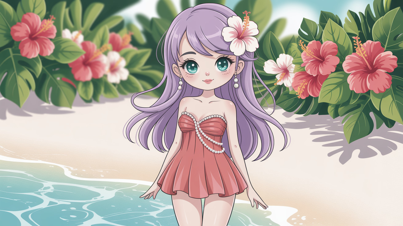 Anime girl in pink dress on sandy beach with flowers
