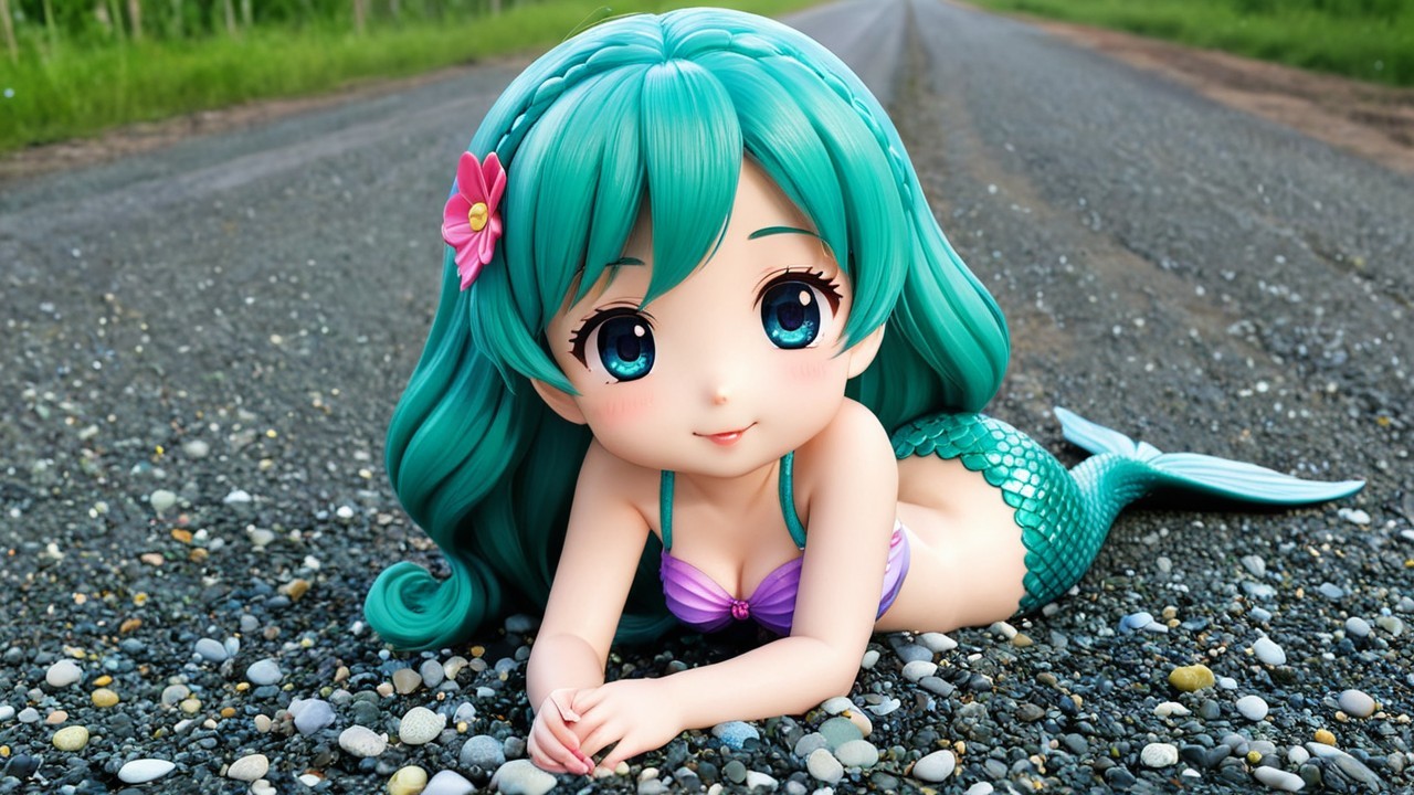 Mermaid doll with teal hair and green tail on gravel road
