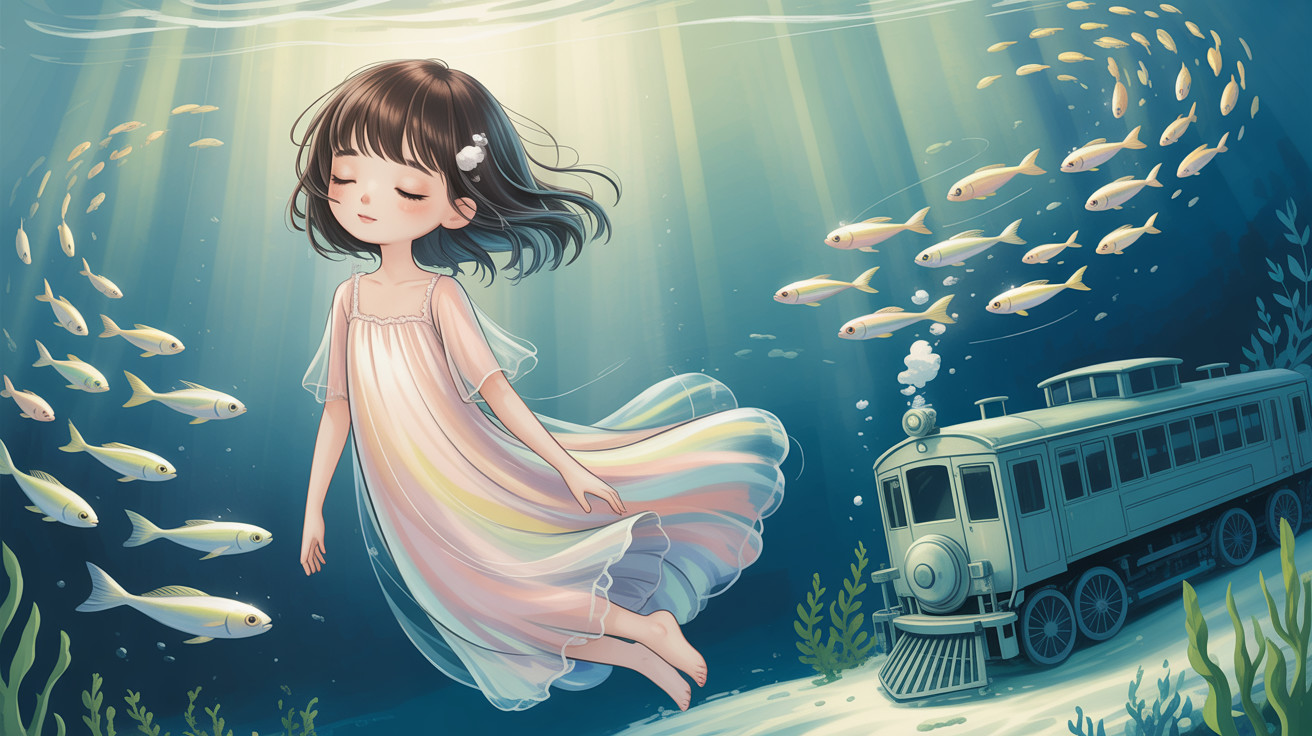 Chibi Anime Girl Floating with Fish and Train Underwater