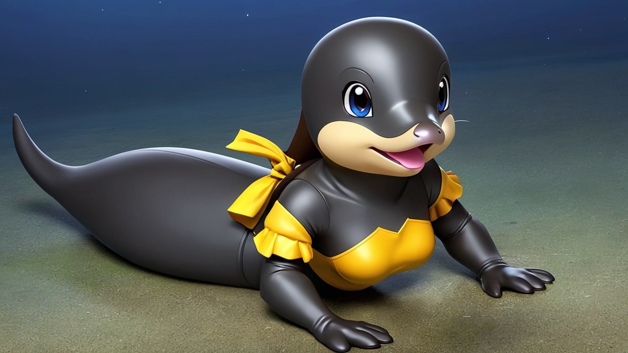 Cartoon Sea Otter Character in Yellow Dress on Ocean Floor