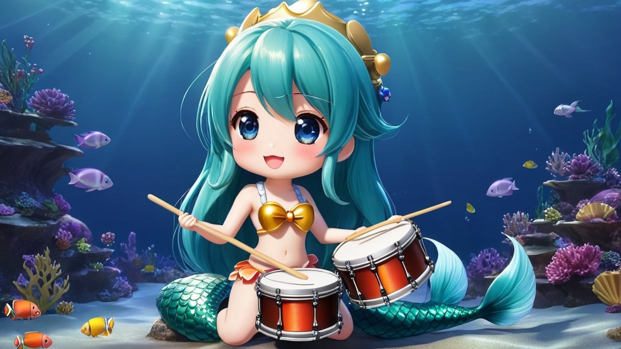 Chibi-style mermaid playing drums in vibrant coral scene