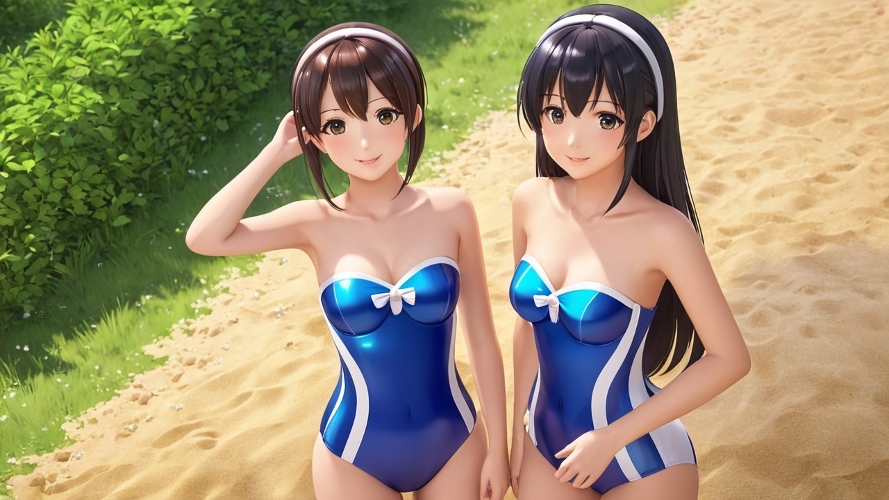 Two Animated Characters on a Sandy Beach in Swimsuits