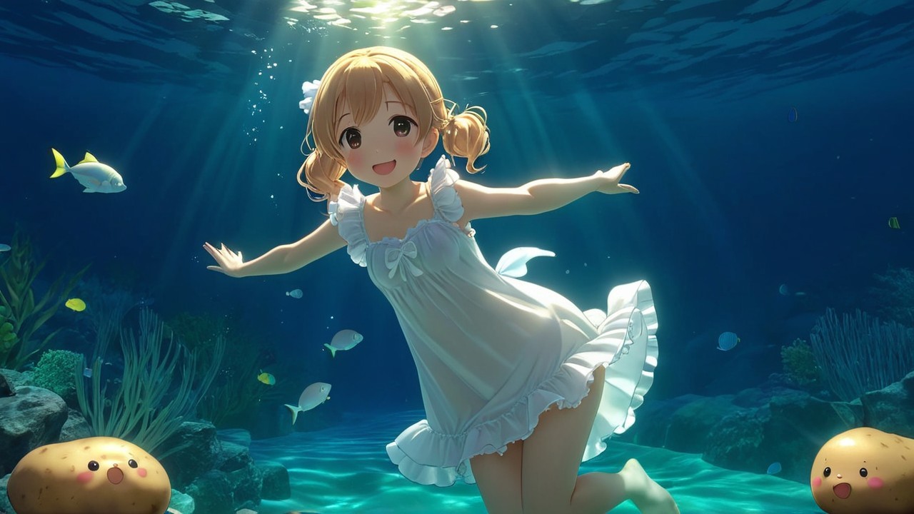 Cheerful anime girl swimming among vibrant marine life