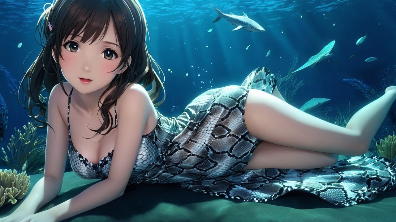 Young Woman Underwater Surrounded by Marine Life