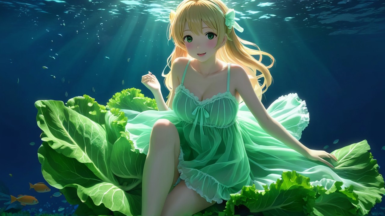 Whimsical Underwater Scene with Young Woman and Fish