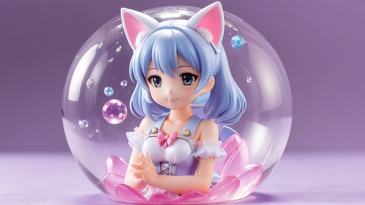 Charming Figurine with Blue Hair and Cat Ears in Bubble