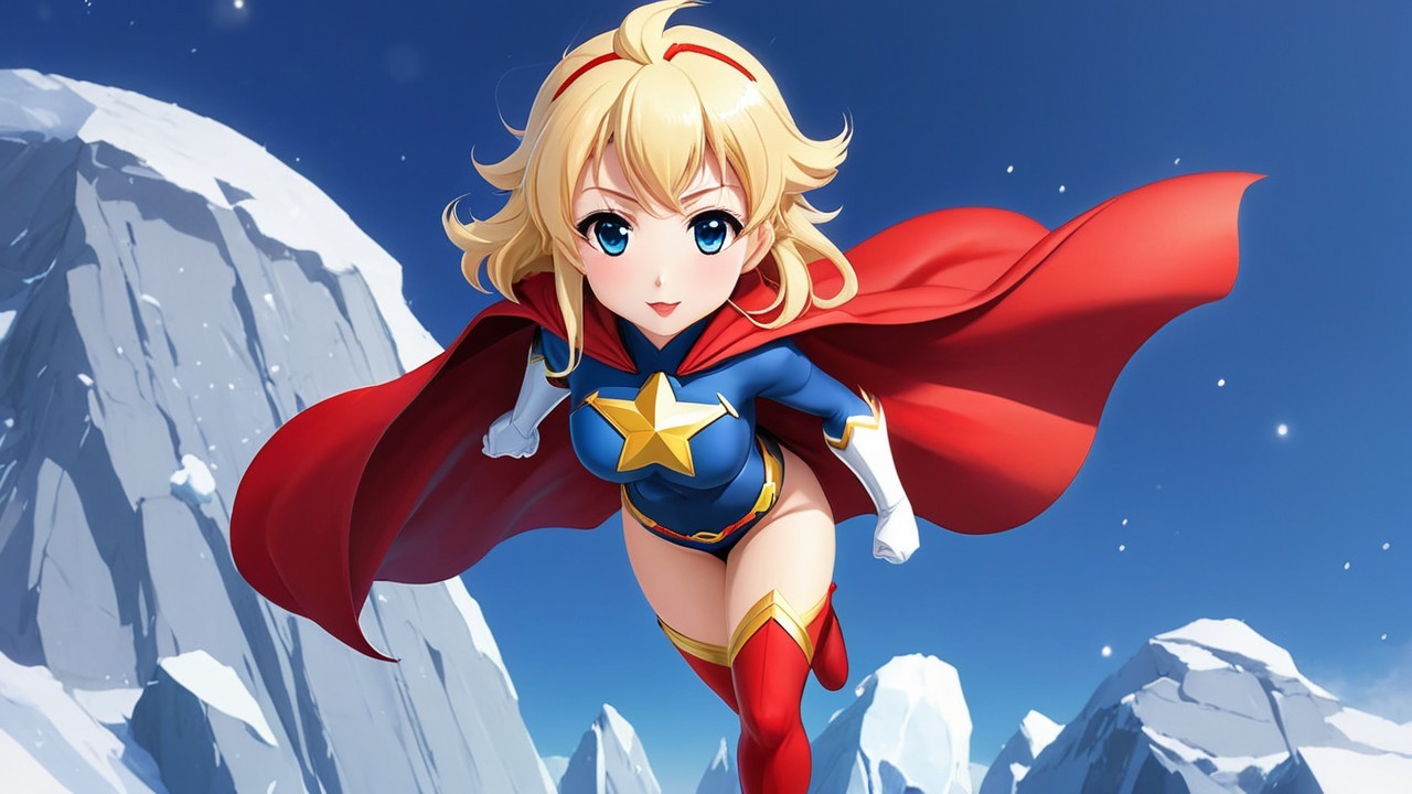 Anime-style superheroine in snowy landscape setting