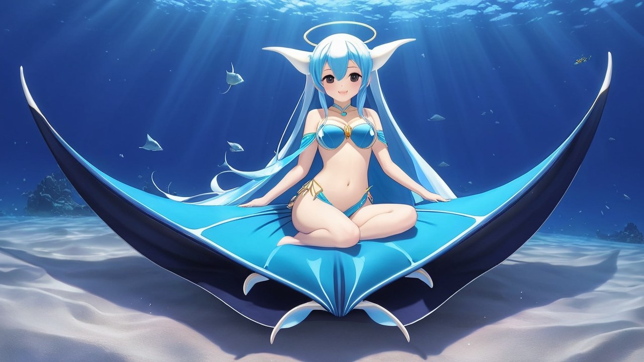 Underwater Scene with Animated Character and Manta Ray