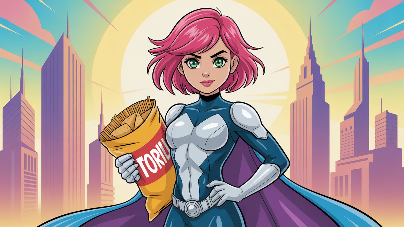 Superhero Girl in Cartoon Style with Futuristic City Background