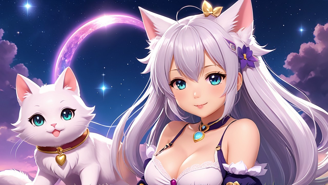 Fantasy Scene of Woman with Silver Hair and Cat