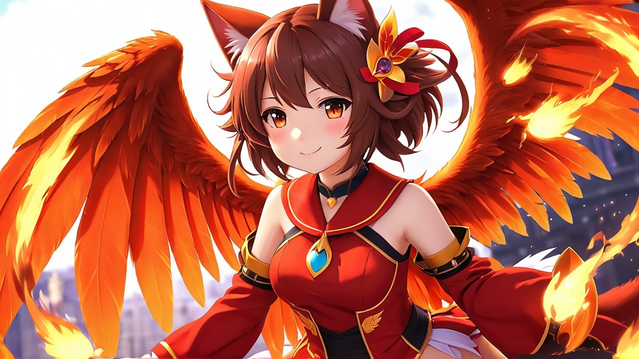 Vibrant character with cat ears and flame wings