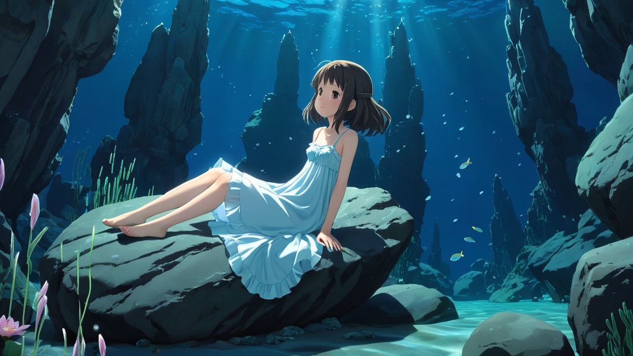 Underwater Scene with Girl in Light Blue Dress