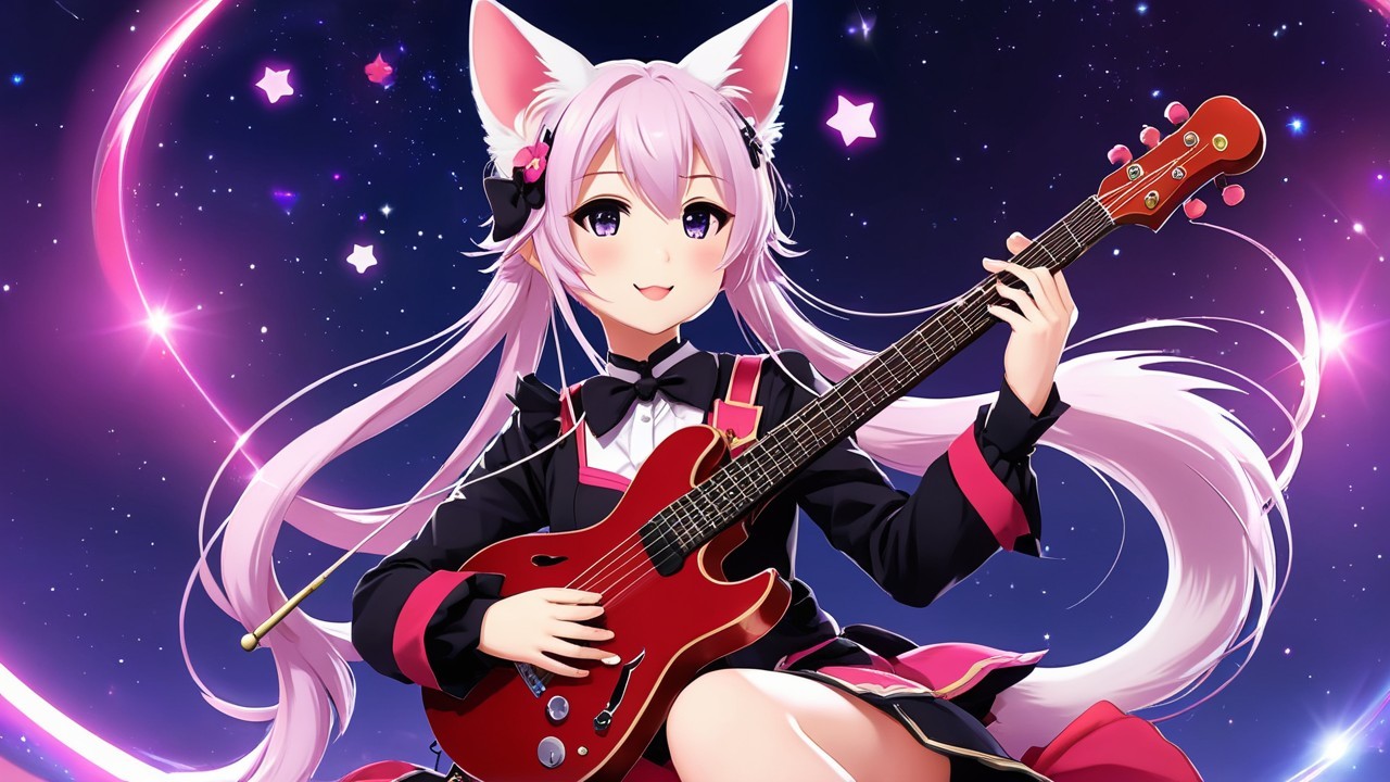 Girl with Cat Ears Playing Electric Guitar in Cosmos