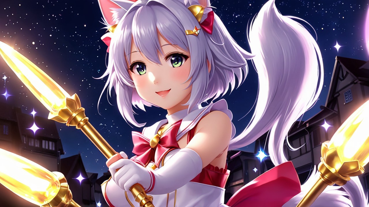 Character with Silver Hair and Cat Ears in Festive Outfit