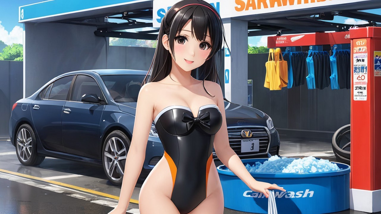 Young woman in black and orange swimsuit at car wash