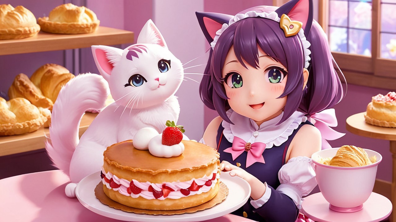 Cheerful Anime Girl in Bakery with Cake and Cat