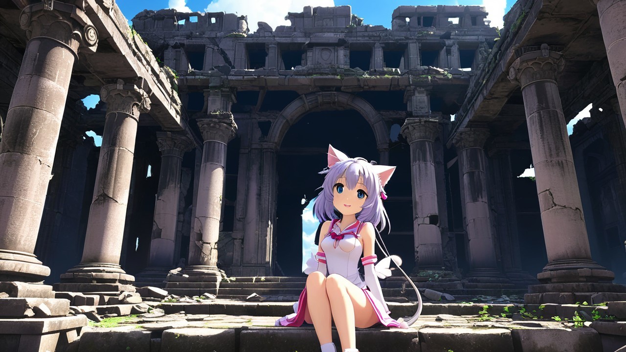 Anime Character with Cat Ears in Ruins Setting