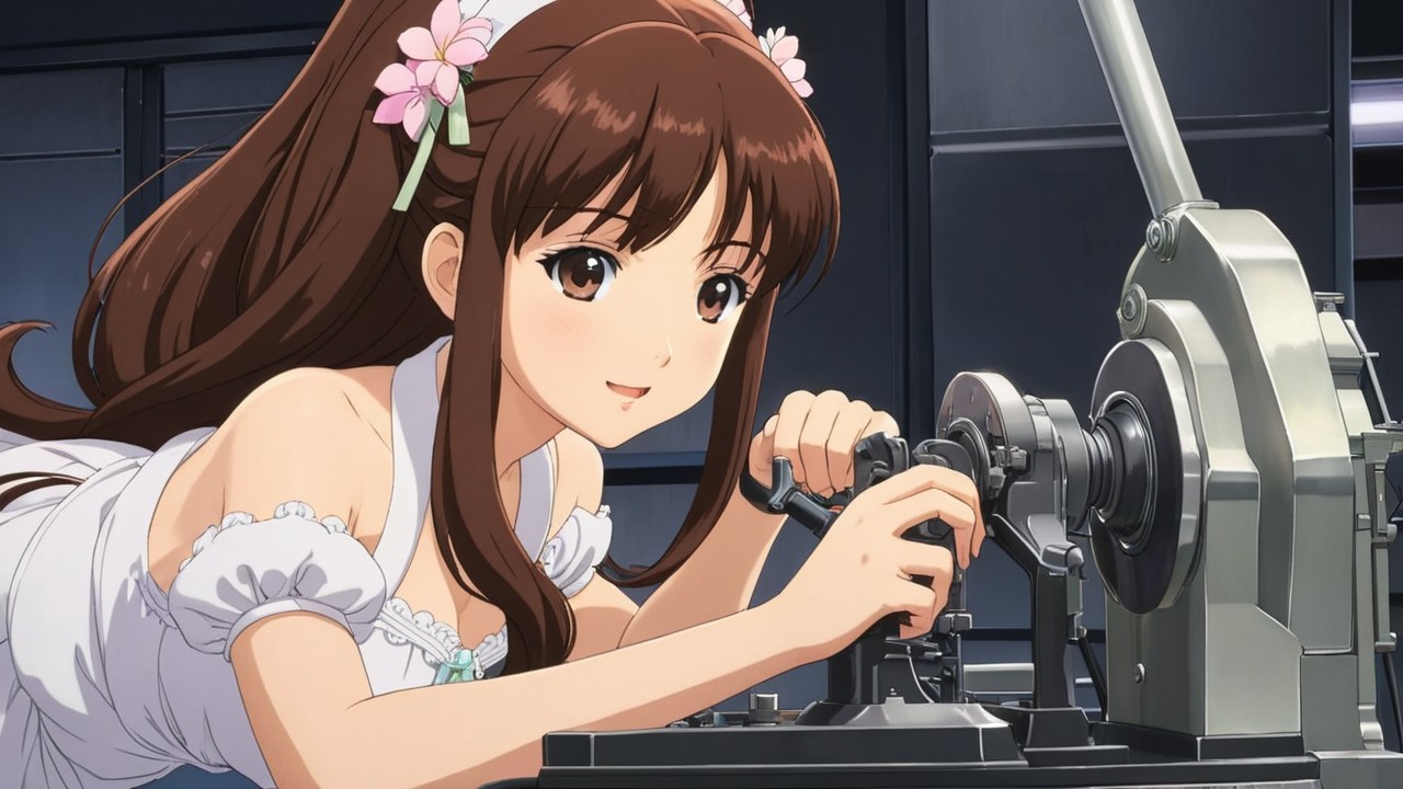 Young woman operating machinery in industrial setting