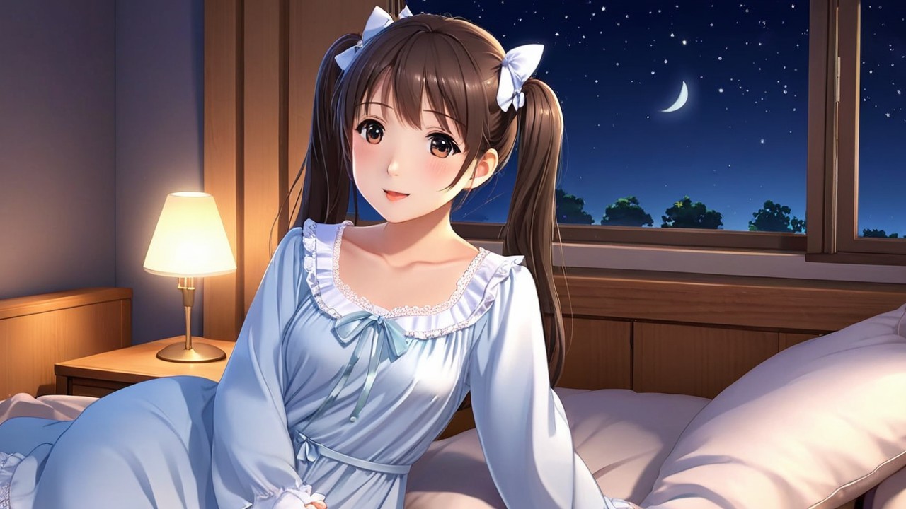 Cozy bedroom scene with a woman in a nightgown
