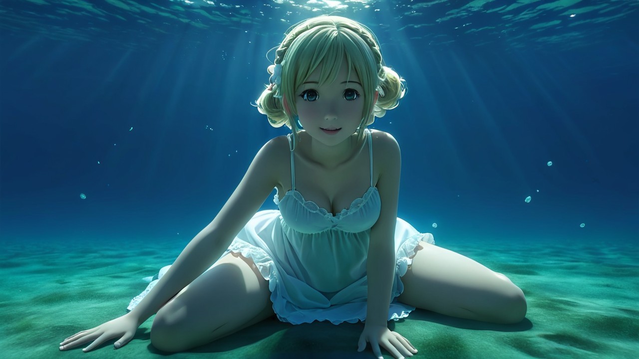 Young Woman in White Dress on Ocean Floor