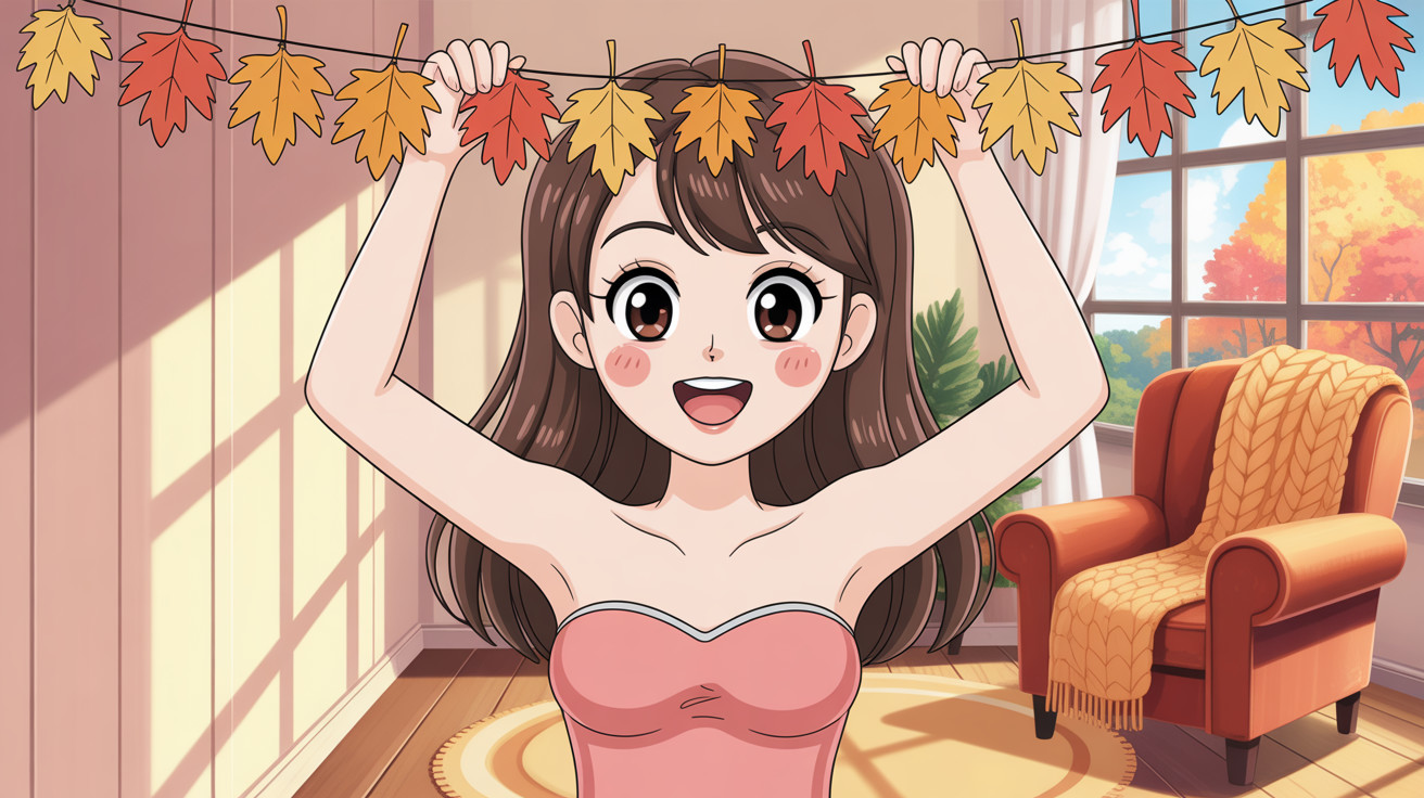 Anime Girl with Autumn Leaves in Cozy Room