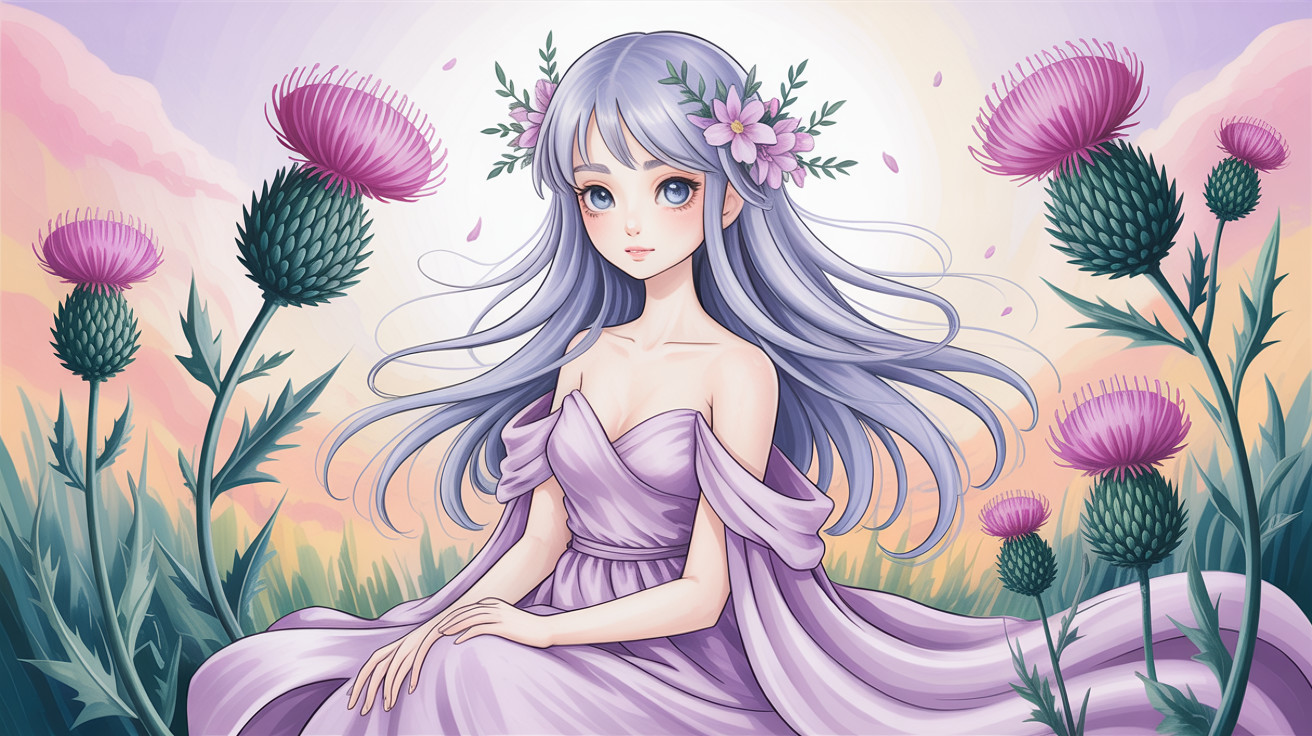 Anime Illustration of a Young Woman in a Floral Setting
