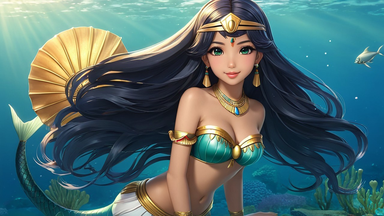 Mermaid with Black Hair in Vibrant Underwater Scene