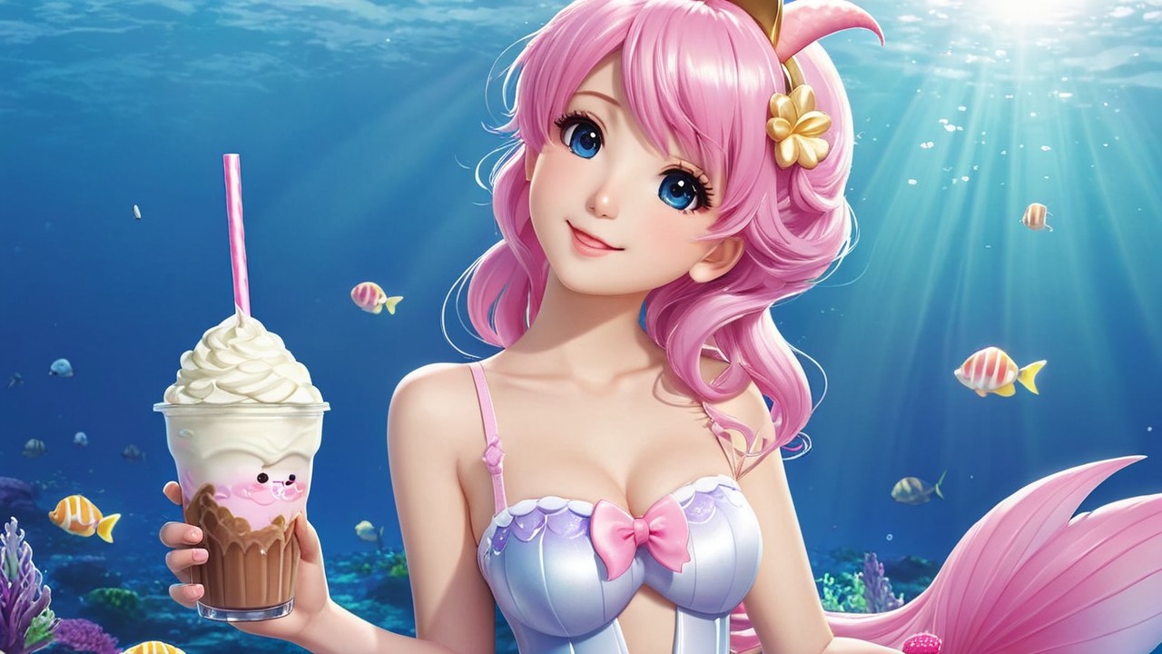 Whimsical Underwater Scene with Cheerful Mermaid