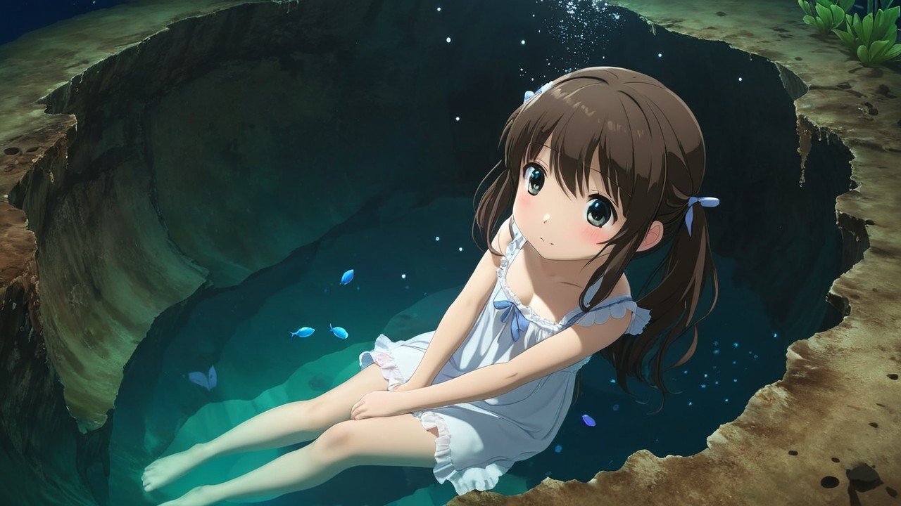 Young Girl in Sunlit Water Hole Surrounded by Nature