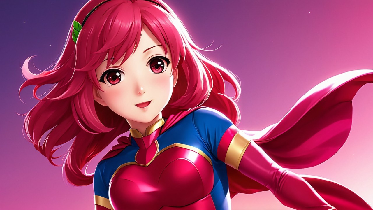 Vibrant Anime Character with Pink Hair and Superhero Costume