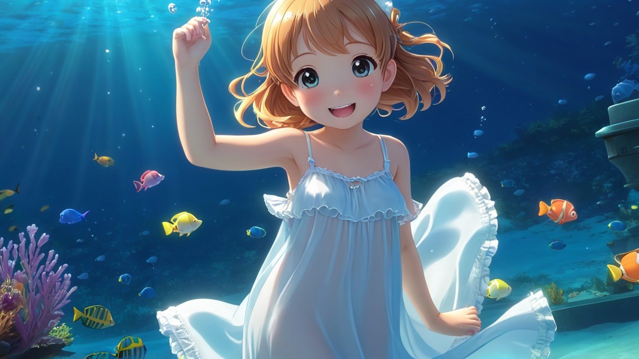 Cheerful girl swimming in vibrant underwater scene