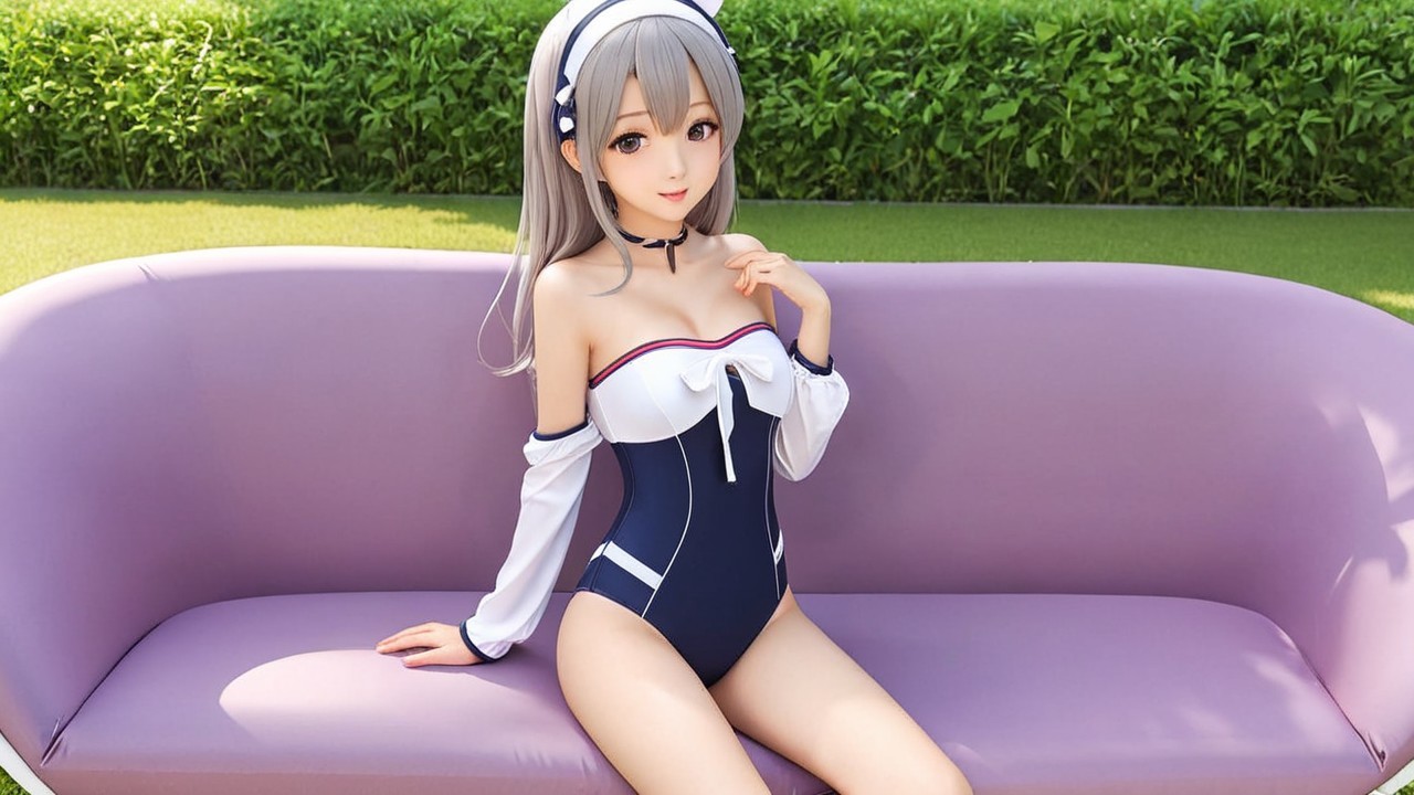Stylish figure on purple couch in outdoor setting