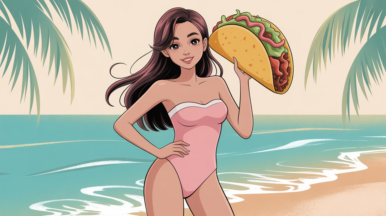 Cheerful Cartoon Woman on Beach with Taco